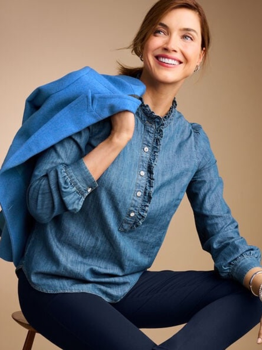Talbots Ruffle Neck Denim Popover Shirt Blue Cotton Long Sleeve Blouse Size XL